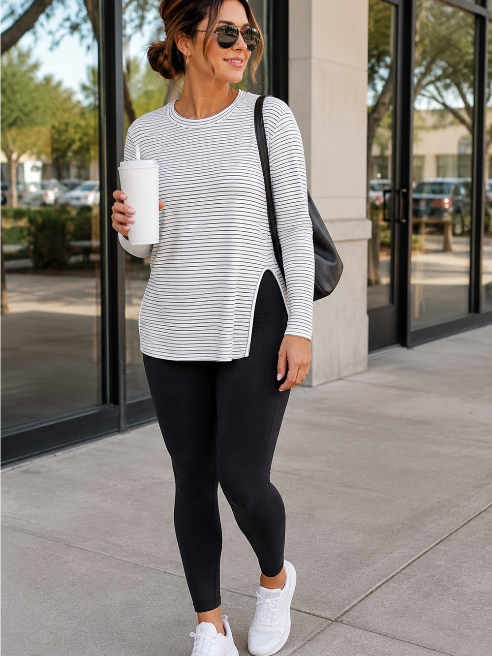 Daily Ritual White & Black Striped Long-Sleeve double side cut outs